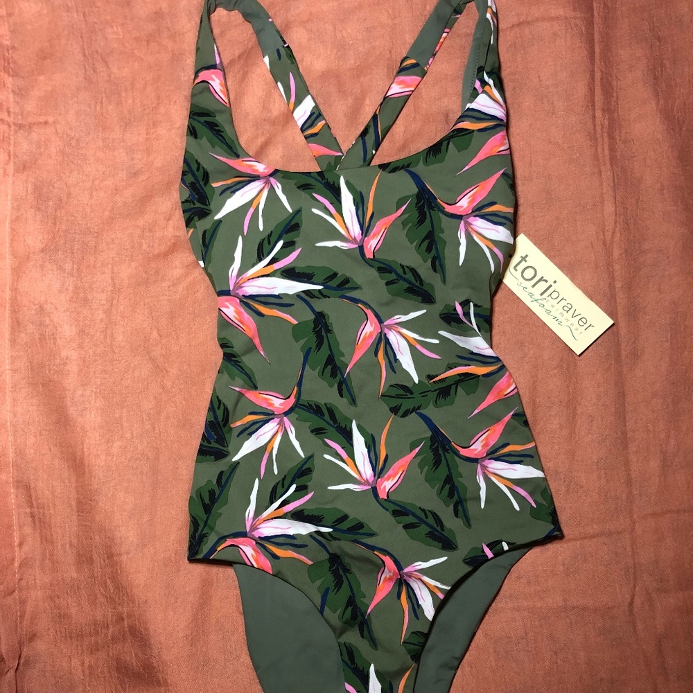 Tori Praver Green Floral One Piece Swimsuit NWT